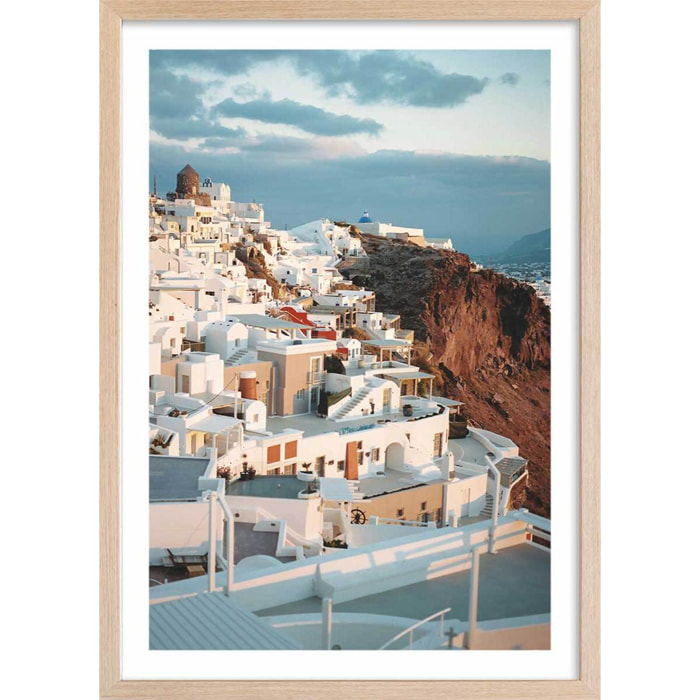 Poster photo paysage les cyclades ""santorini"" Affiche + cadre en bois - Chêne
