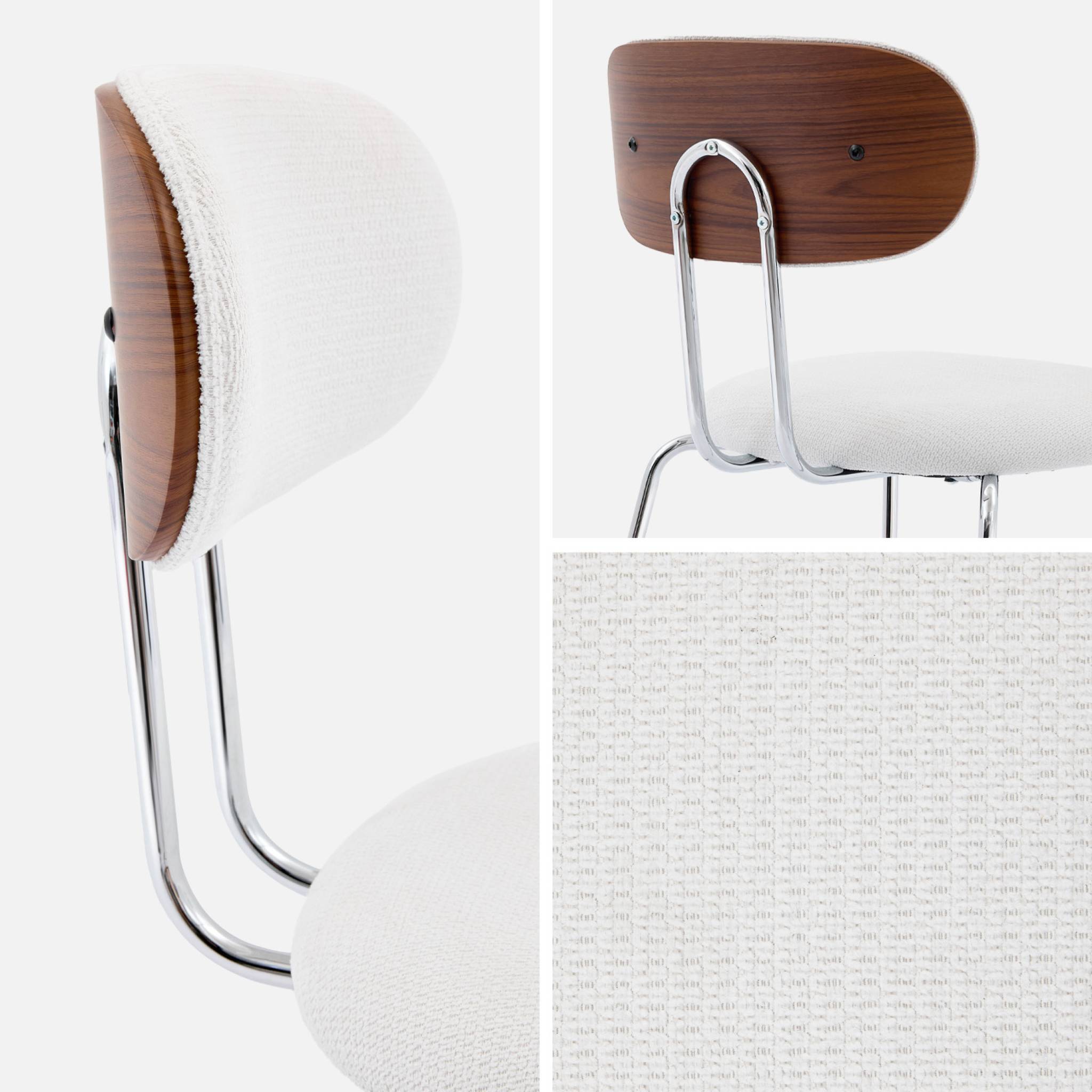2 chaises décor bois courbé teinté noyer et tissu déperlant blanc. pieds métal chromé - L 45 x P 55 x H 80cm - Erin