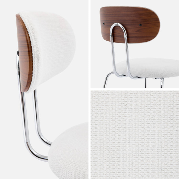 2 chaises décor bois courbé teinté noyer et tissu déperlant blanc. pieds métal chromé - L 45 x P 55 x H 80cm - Erin