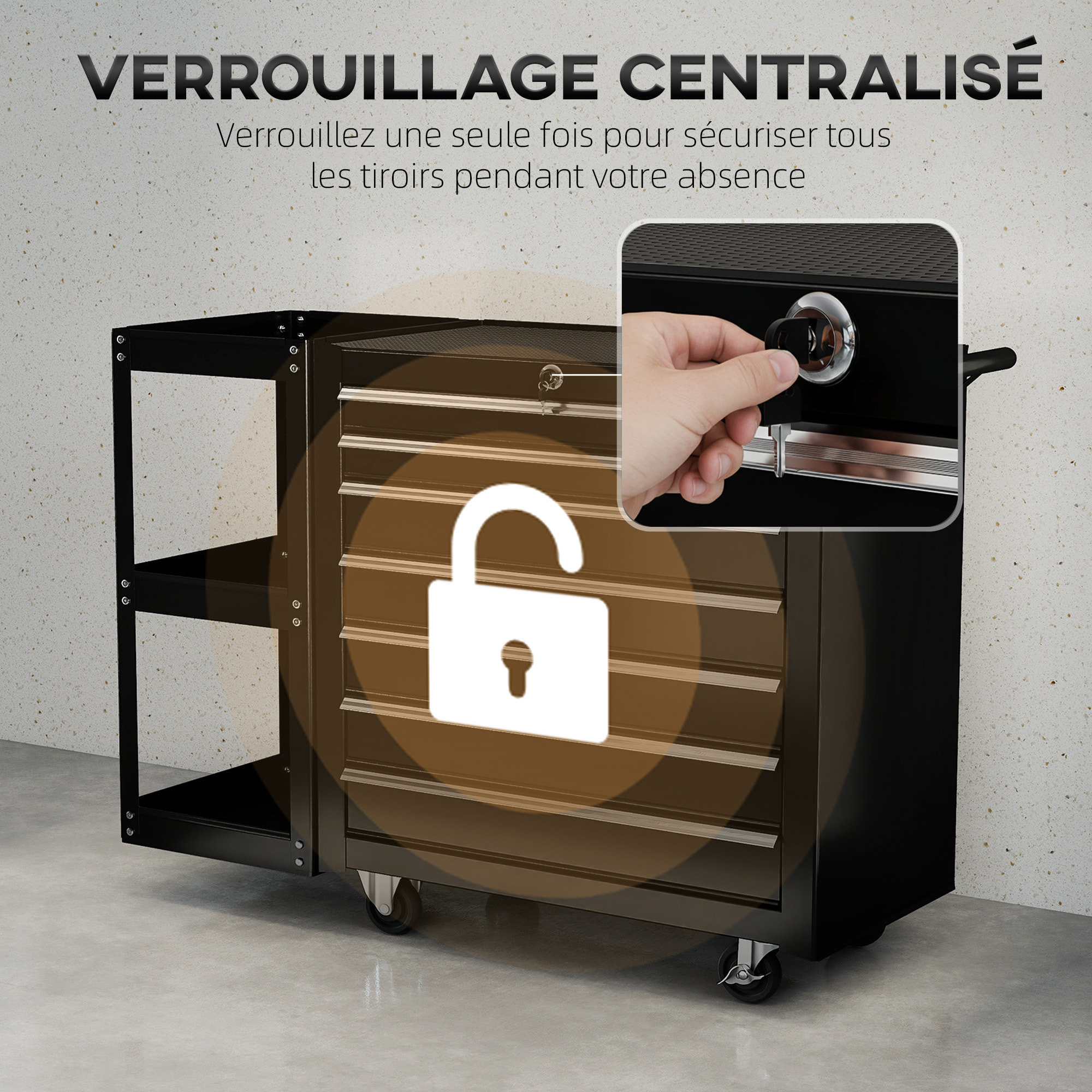 Servante d'atelier 7 tiroirs verrouillables 3 étagères tôle acier noir