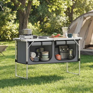 Mesa de Cocina de Camping Plegable, Mueble de Cocina de Camping Portátil con Armario de Tela Oxford, Marco de Aluminio, para Picnic, BBQ y Actividades al Aire Libre, 120x47x70 cm, Plateado