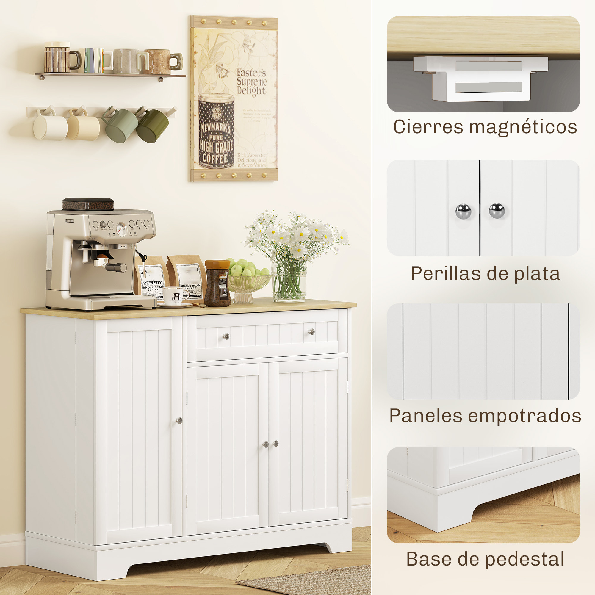 Aparador de Cocina, Armario de Cocina con 3 Estantes de Puerta, 1 Cajón, Estantes Ajustables, Aparador para Comedor, 105x40x83 cm, Blanco