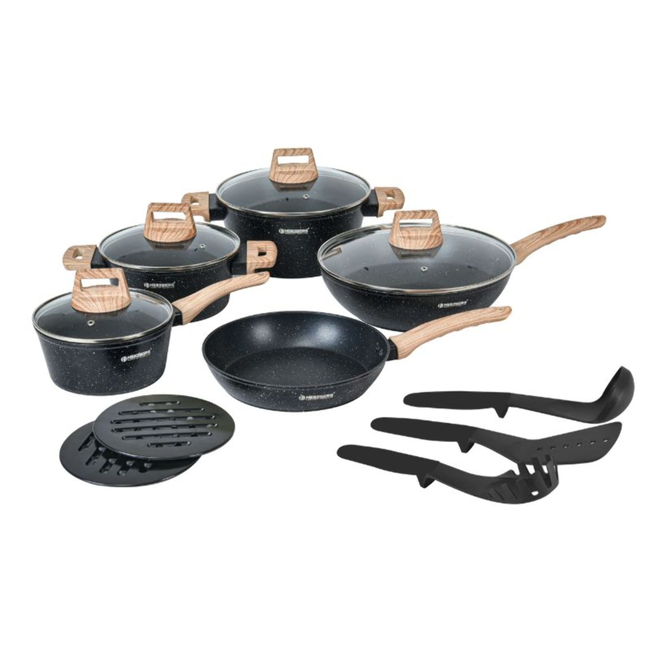 Batterie de cuisine 14 pièces avec revêtement en granit et manche en bois Noir Herzberg HGWDMRB14-BLK