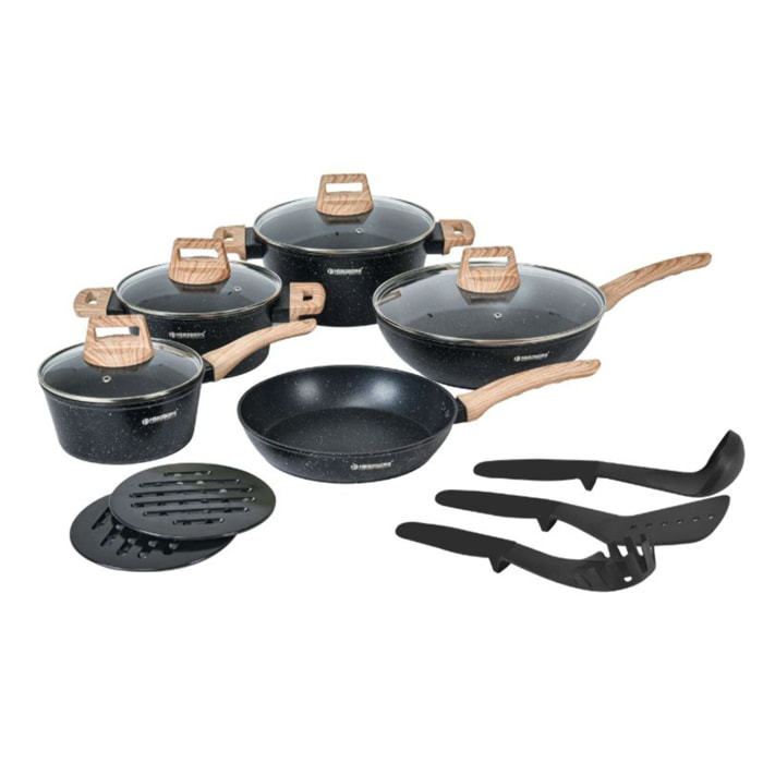 Batterie de cuisine 14 pièces avec revêtement en granit et manche en bois Noir Herzberg HGWDMRB14-BLK