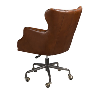 Sillón giratorio con asiento y respaldo tapizado en piel de origen vacuno en marrón oscuro patas en acero inoxidable oscurecido 64x74x90cm