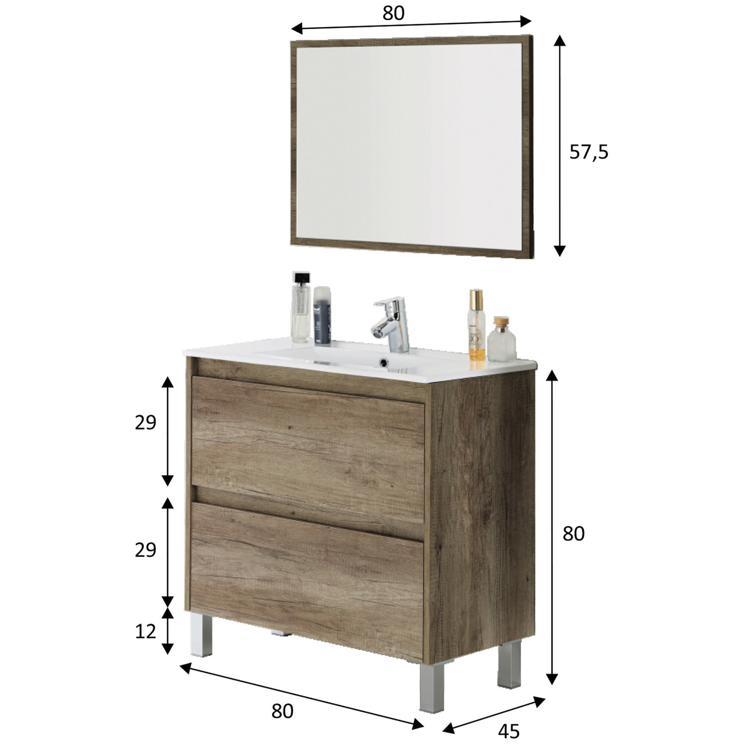 Mueble baño devin 2c 80cm color nordik con espejo, sin lavabo