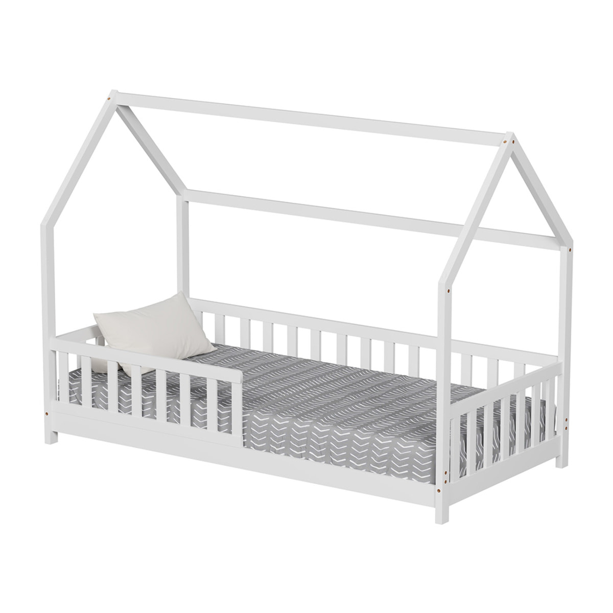 Lit Cabane Tchoupi 90 x 190 cm, Blanc, Bois de Pin Naturel, avec barrières latérales de sécurité