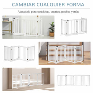 PawHut Barrera para Perros Plegable Valla para Perros Pequeños y Medianos de 4 Paneles con Puerta Barrera de Seguridad de Madera para Escaleras Pasillos 237,5x36x80 cm Blanco