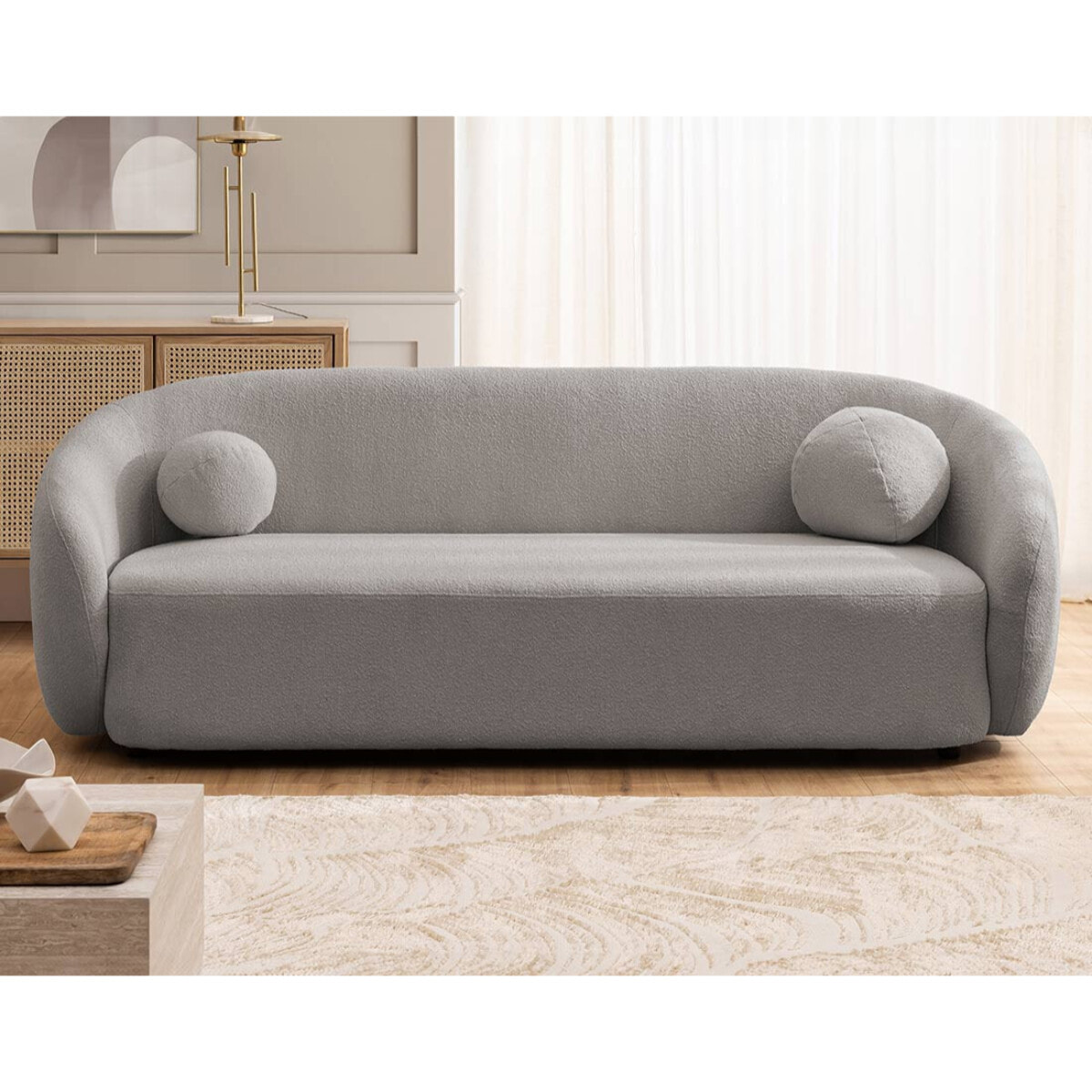 Flore - Canapé droit 3 places en tissu bouclette - Gris