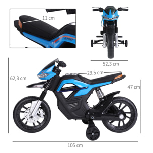 Moto électrique pour enfants 25 W 6 V 3 Km/h effets lumineux et sonores roulettes amovibles bleu