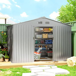 Caseta de Jardín Exterior 4,9 m², 277x195x192 cm, Cobertizo de Jardín Exterior Metálico con Puerta Corredera, Ventilación y Kit de Fundación, para Almacenamiento de Herramientas, Gris