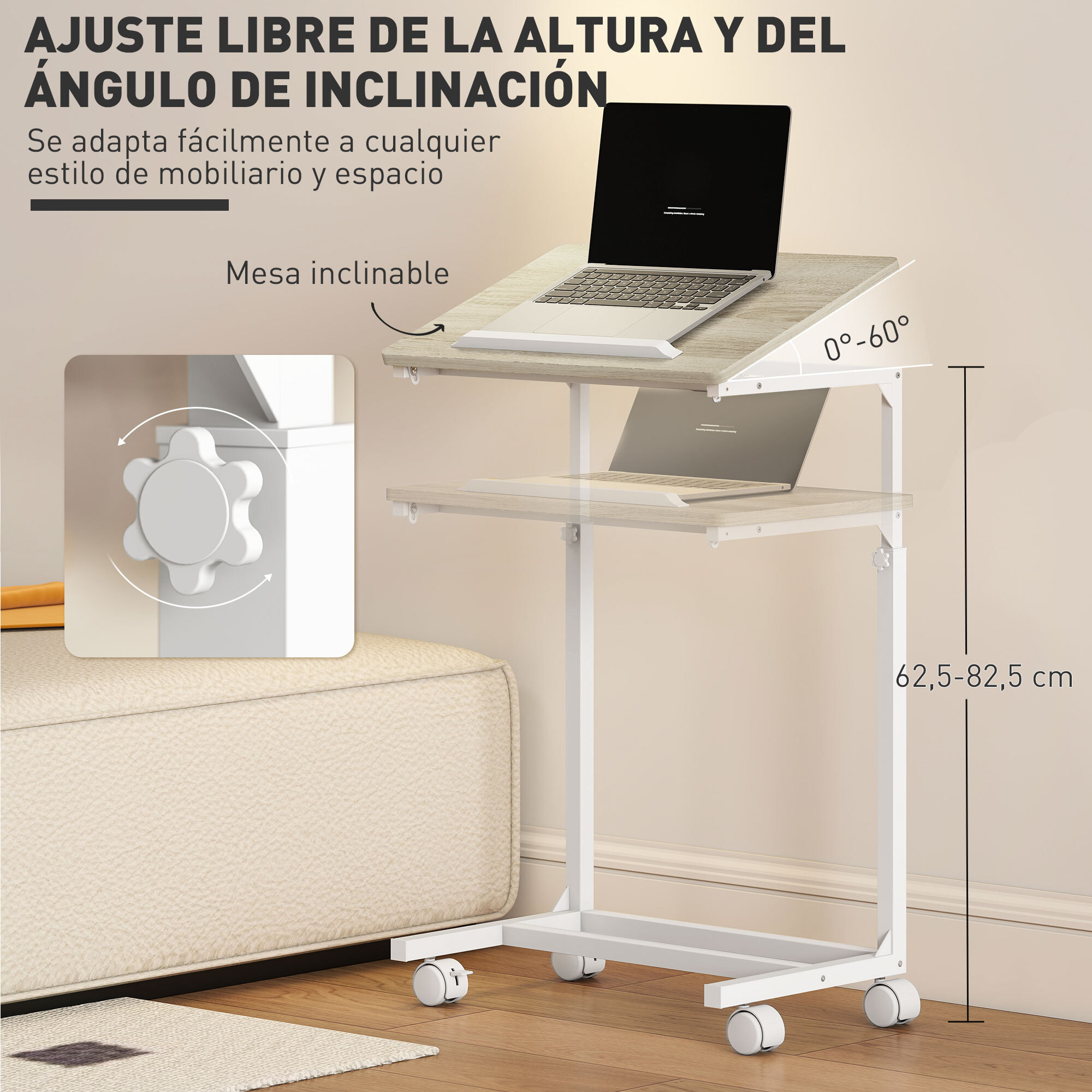 Mesa Auxiliar con Ruedas Mesa para Sofá con Altura Ajustable Superficie Inclinable y Marco de Metal para Dormitorio Salón Oficina 55x36x62,5-82,5 cm Roble