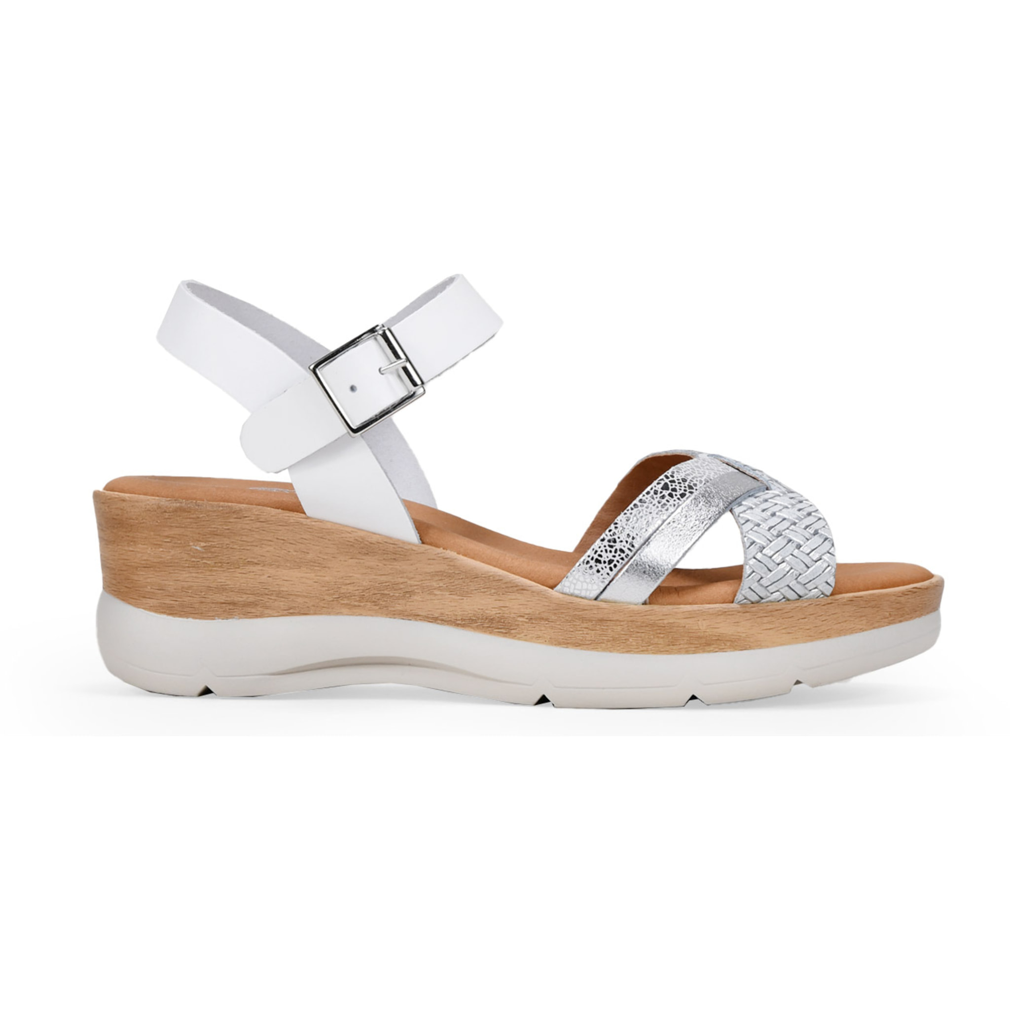 Sandalias de pie blancas con cuña efecto madera