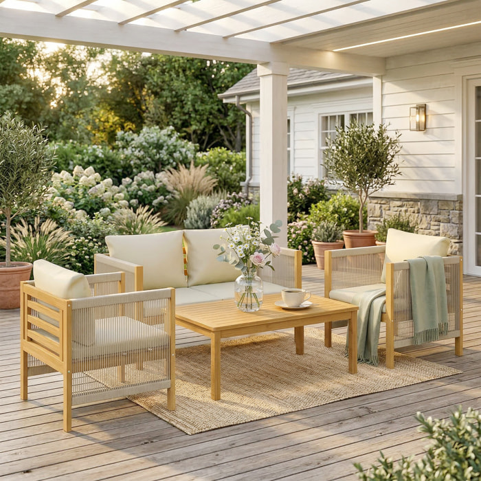 Conjunto de Jardín Exterior de 4 Piezas, Muebles Jardín Exterior con Sofá de 2 Plazas, 2 Sillones, Mesa de Madera de Acacia, Cojines Acolchados y Decoración de Cuerda PP, para Terraza, Beige