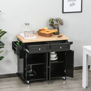 Desserte de cuisine multi rangements 2 tiroirs 2 placard 2 portes avec étagère range-bouteille porte-torchons MDF noir hévéa