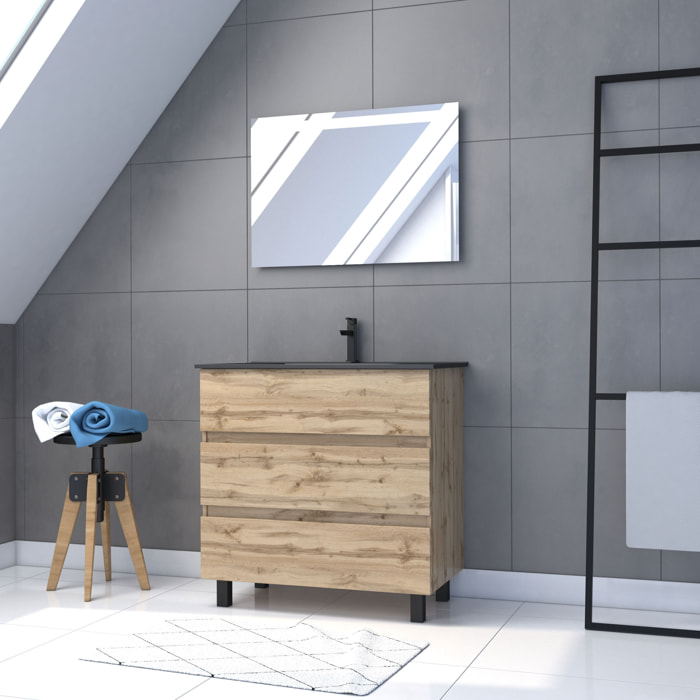 Meuble salle de bains 80cm décor chene naturel 3 tiroirs - Vasque noire et Miroir Led - TIMBER