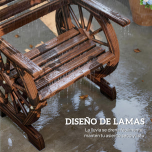 Silla de Jardín de Madera de 2 Plazas, Silla Asiento con Brazos de Rueda de Vagón, Respaldo Inclinado, Estilo Rústico, Carga 120 kg, para Patio, Terraza, Parque, 66x55x90 cm, Carbonizado