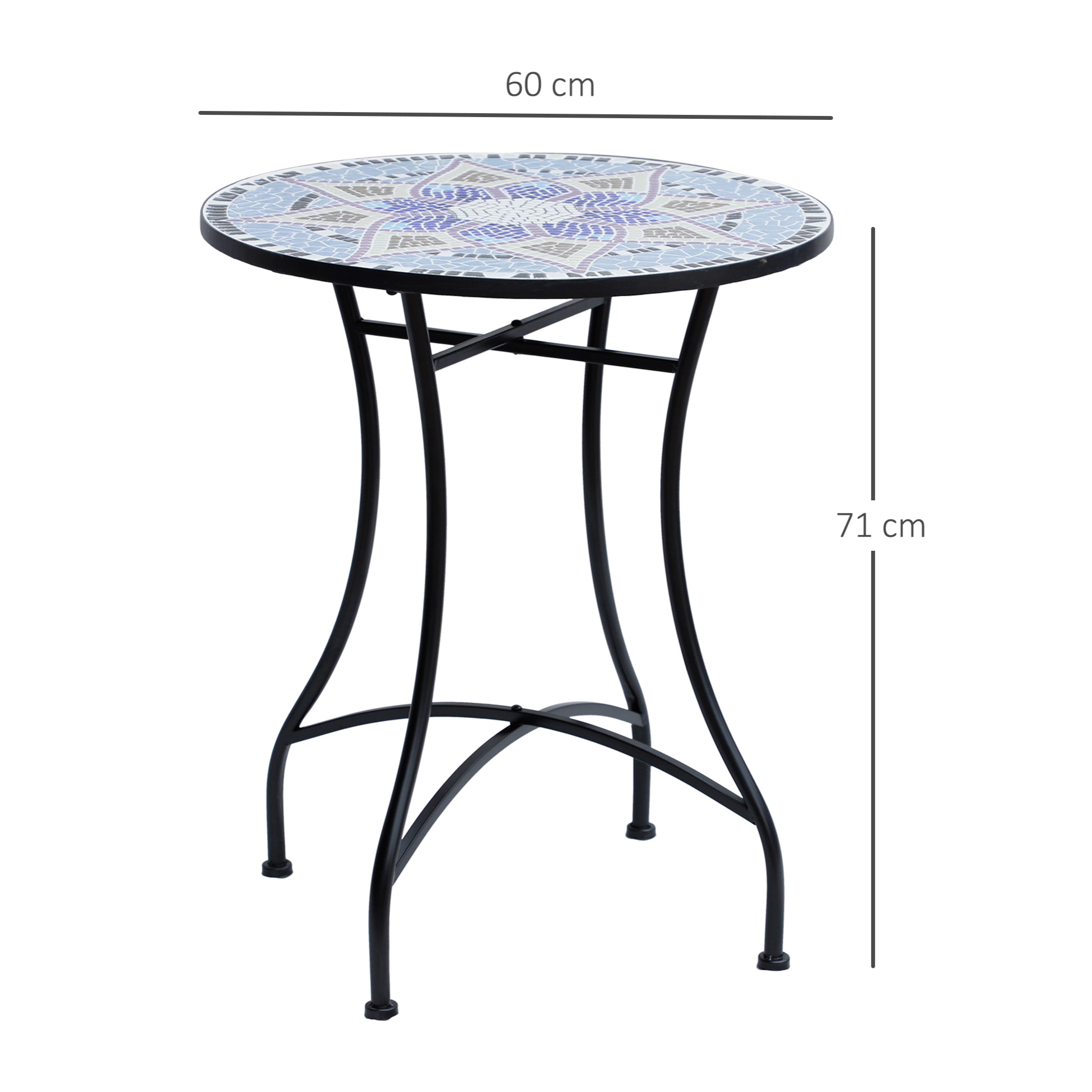 Mesa de Jardín Redonda Mesa de Terraza Exterior Ø60x71 cm con Encimera de Mosaico Decorativo Carga 100 kg Mesa para Exterior Patio Azul y Blanco
