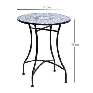 Mesa de Jardín Redonda Mesa de Terraza Exterior Ø60x71 cm con Encimera de Mosaico Decorativo Carga 100 kg Mesa para Exterior Patio Azul y Blanco