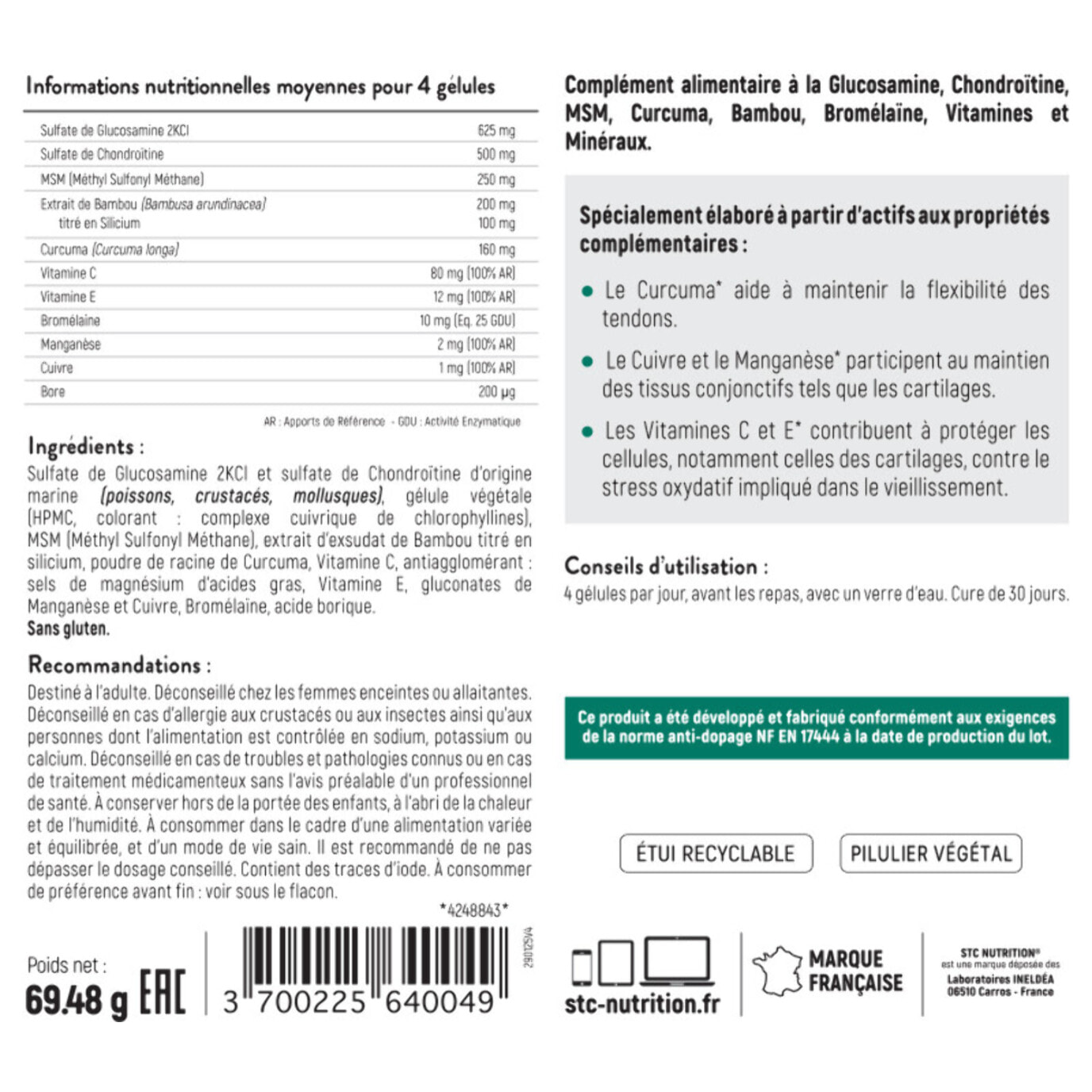STC NUTRITION - Artrosamine - Résistance des articulations - Souplesse des tendons - 120 Gélules végétales - Sans Gluten - Cure 30 jours