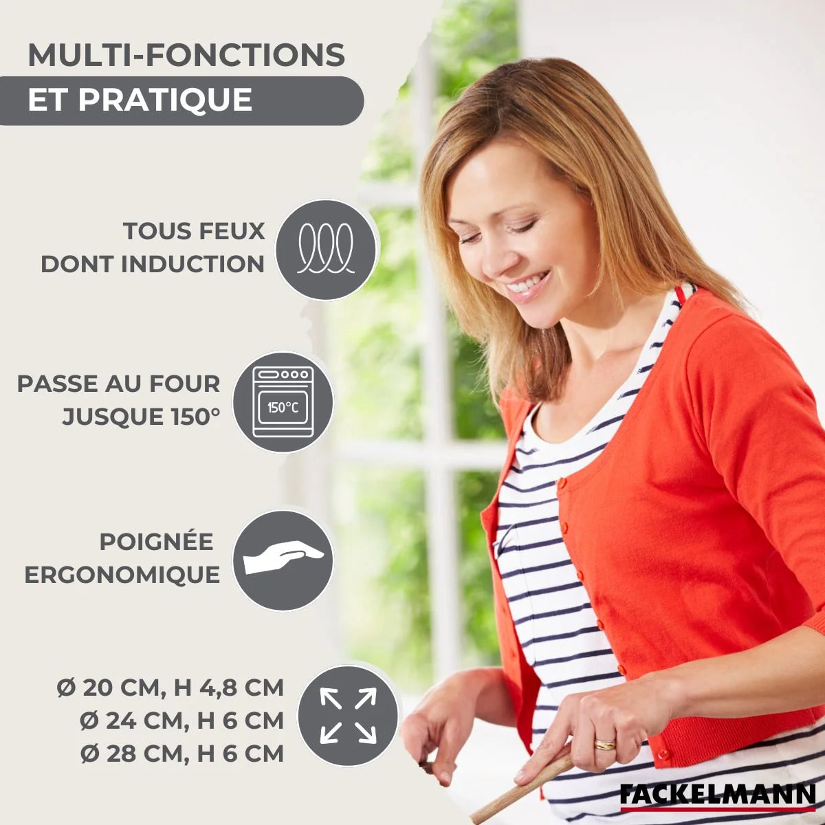 Set 3 poêles 20 24 et 28 cm en inox, couvercles verre et 6 ustensiles Fackelmann Geneva