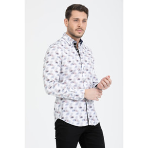 Camicia Uomo 1 Bottoni Button Down Slim Popeline Stampato Bianco/Grigio Chiaro