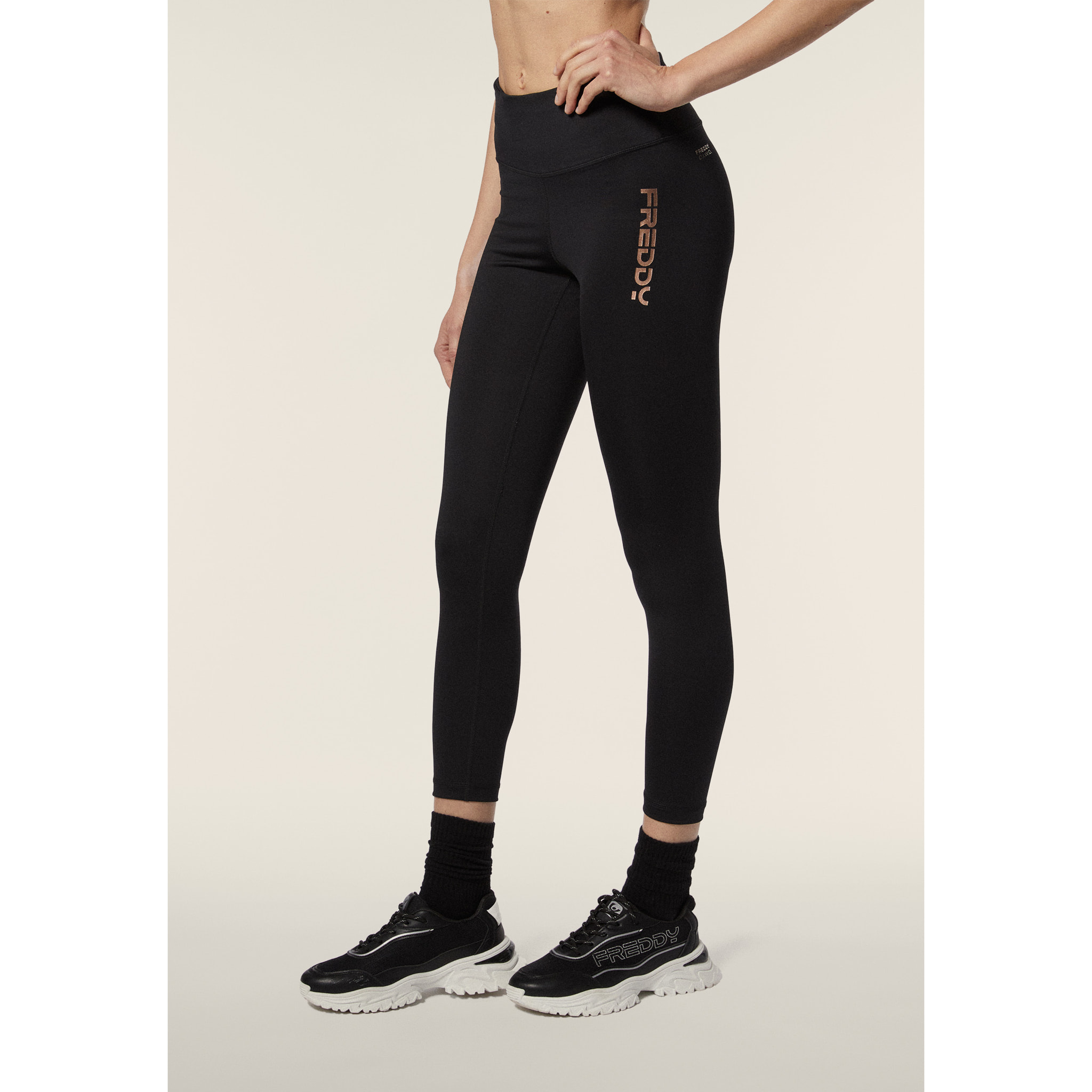 Leggings 7/8 vita alta in tessuto tecnico con logo bronzo