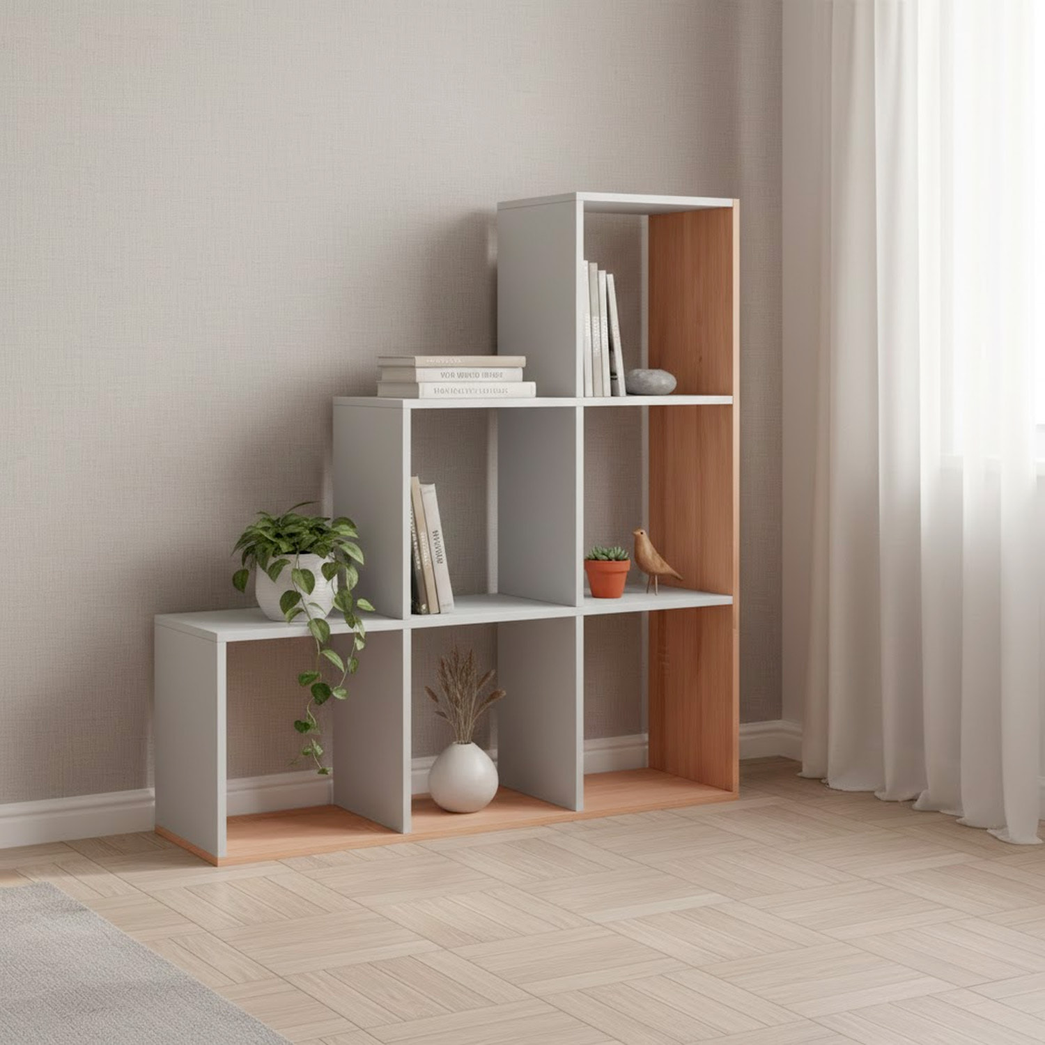 Libreria Con Vani Scaffale Salvaspazio Mobile Da Parete Con 6 Vani E 4 Ripiani Design Moderno Soggiorno Studio 110 x 108 x 29 Cm Bianco e Rovere