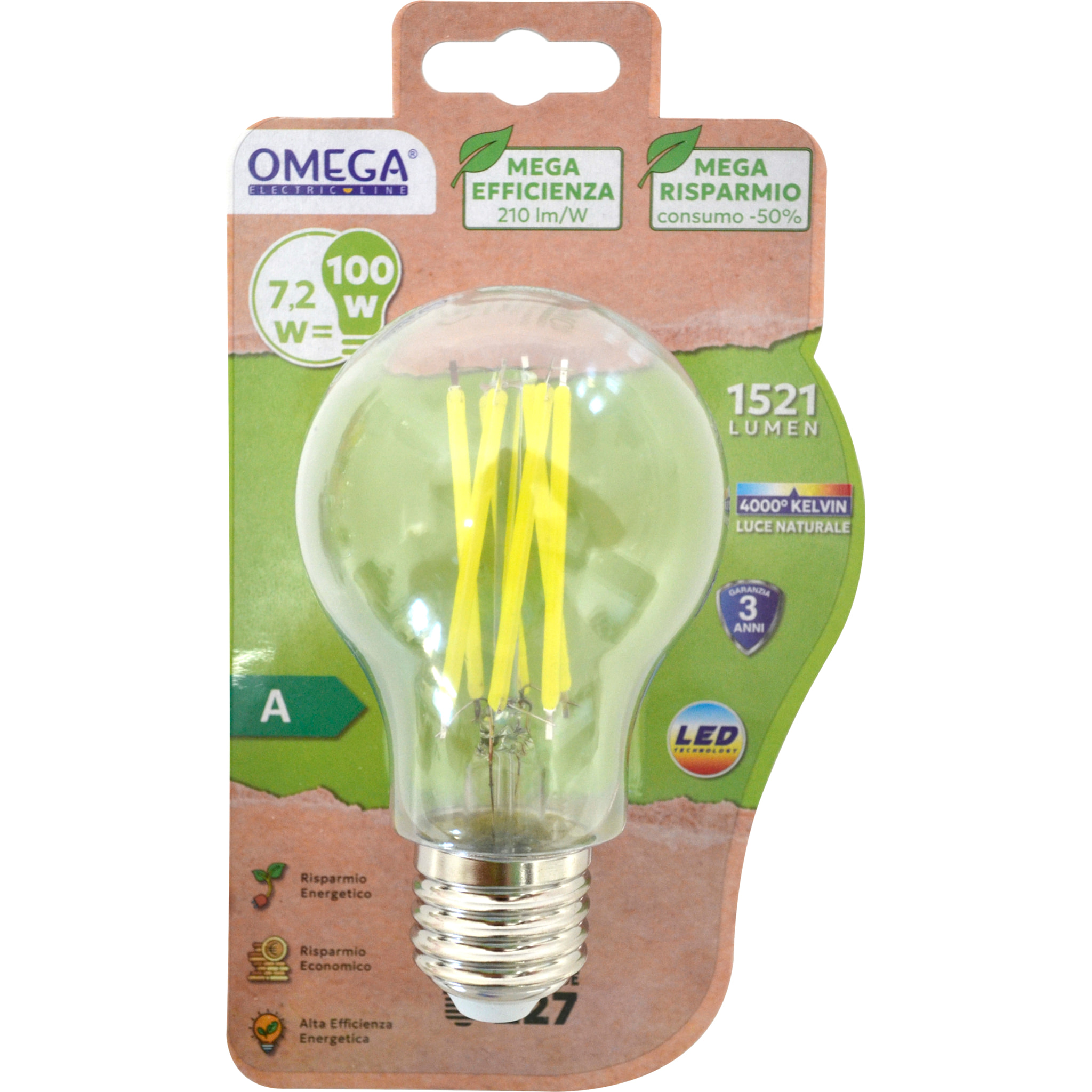 OMEGA Set 3 lampadine filament goccia a60 4000k e27