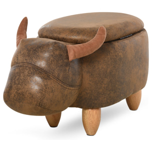 Tabouret vache - pouf vachette - pouf taureau coffre de rangement 2 en 1 - pieds bois d'hévéa revêtement synthétique aspect daim vieilli marron