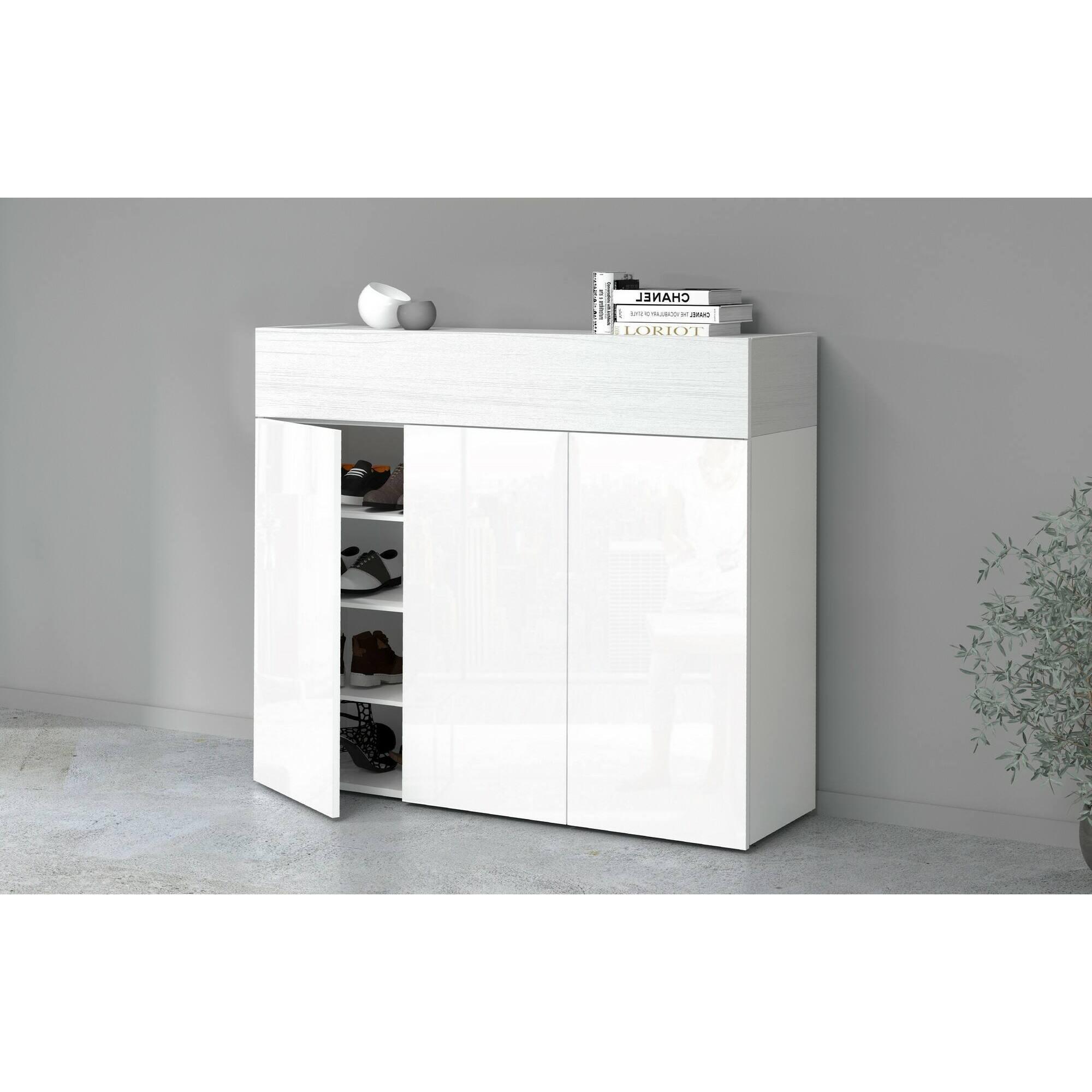 Scarpiera Dcanestrell, Porta scarpe salvaspazio a 4 ante, Armadio multifunzione da ingresso, 114x38h100 cm, Bianco effetto larice