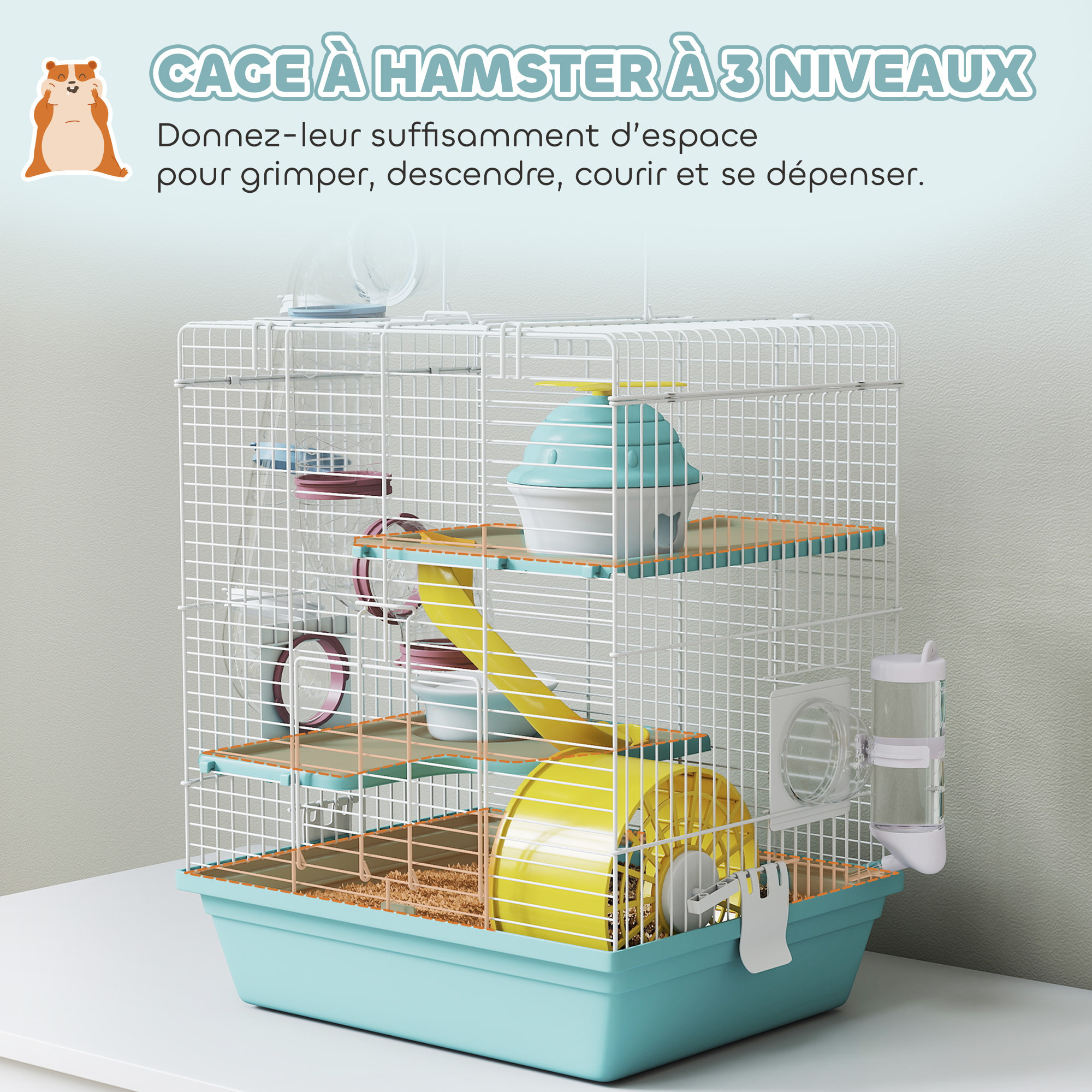 Cage rongeur hamster 3 niveaux cabane roue tunnel toboggan biberon mangeoire 34 x 27 x 41 cm blanc bleu