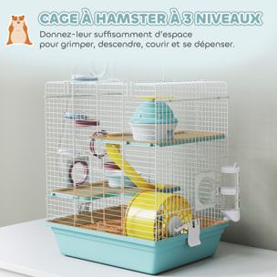 Cage rongeur hamster 3 niveaux cabane roue tunnel toboggan biberon mangeoire 34 x 27 x 41 cm blanc bleu