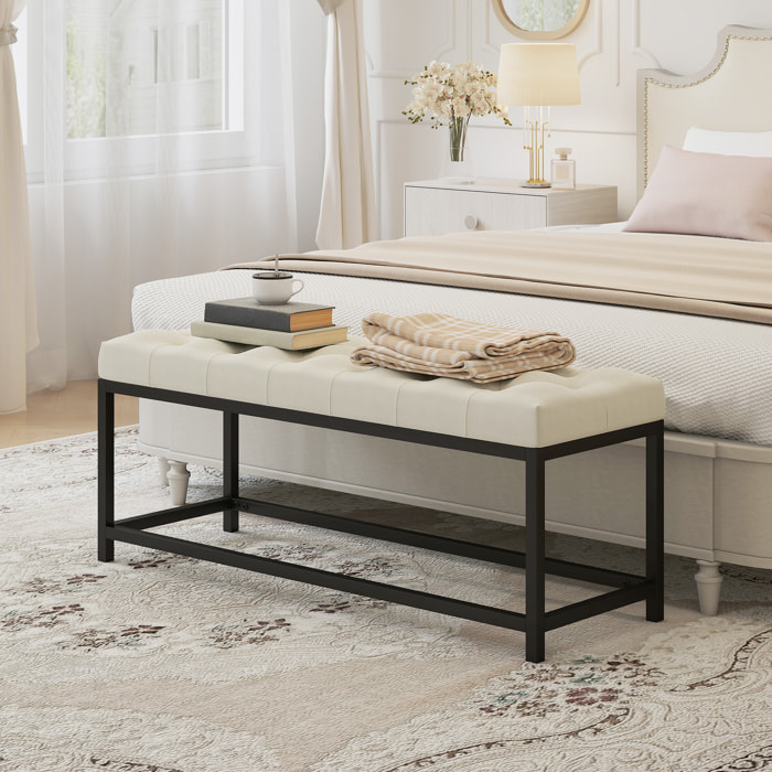 Banco Pie de Cama, Tapizado en Terciopelo, Banqueta para Dormitorio, Diseño Capitoné, Base de Metal, Banco para Dormitorio, Entrada, Salón, Recibidor, Crema