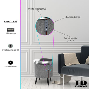 Mesa auxiliar altavoz con sonido de 65W y subwoofer, Bluetooth, base de carga inalámbrica. Mesilla o mesita para dormitorio o sala de estar - TD Systems SM65B11WR [Madera roble]