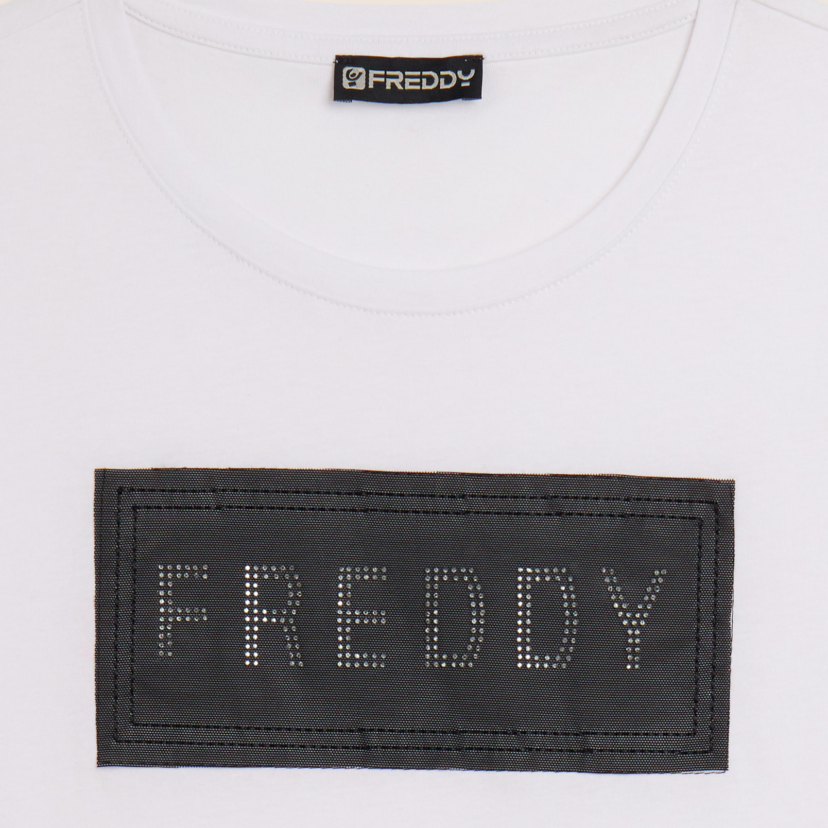 T-shirt con strass e inserto in mesh