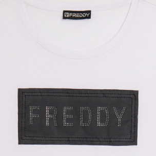 T-shirt con strass e inserto in mesh