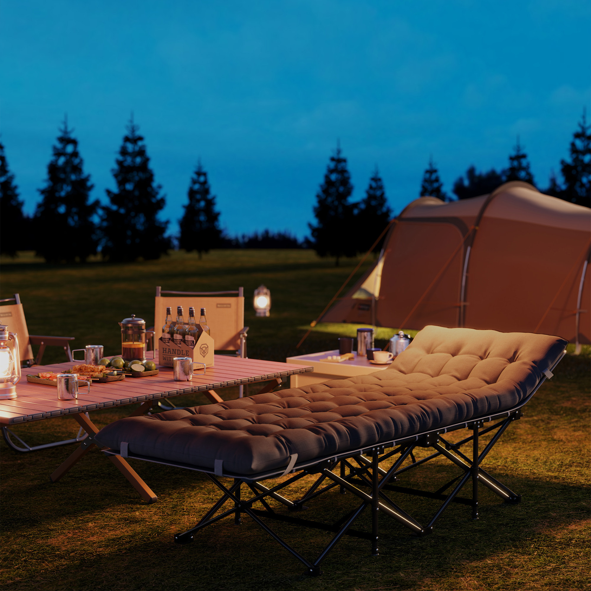 Cama Plegable Camping Cama de Acampada Portátil Tumbona de Camping con Reposacabezas Colchón Extraíble y Bolsa de Transporte Carga 150 kg para Playa Senderismo 196x68x37 cm Negro