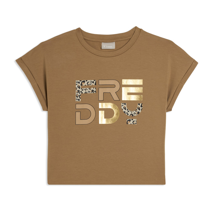T-shirt Junior con maniche ad aletta e logo animalier e oro