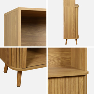 Etagère bibliothèque scandinave. 2 portes coulissantes. 4 niveaux. effet bois rainuré. L 80 x P 45 x H 180cm