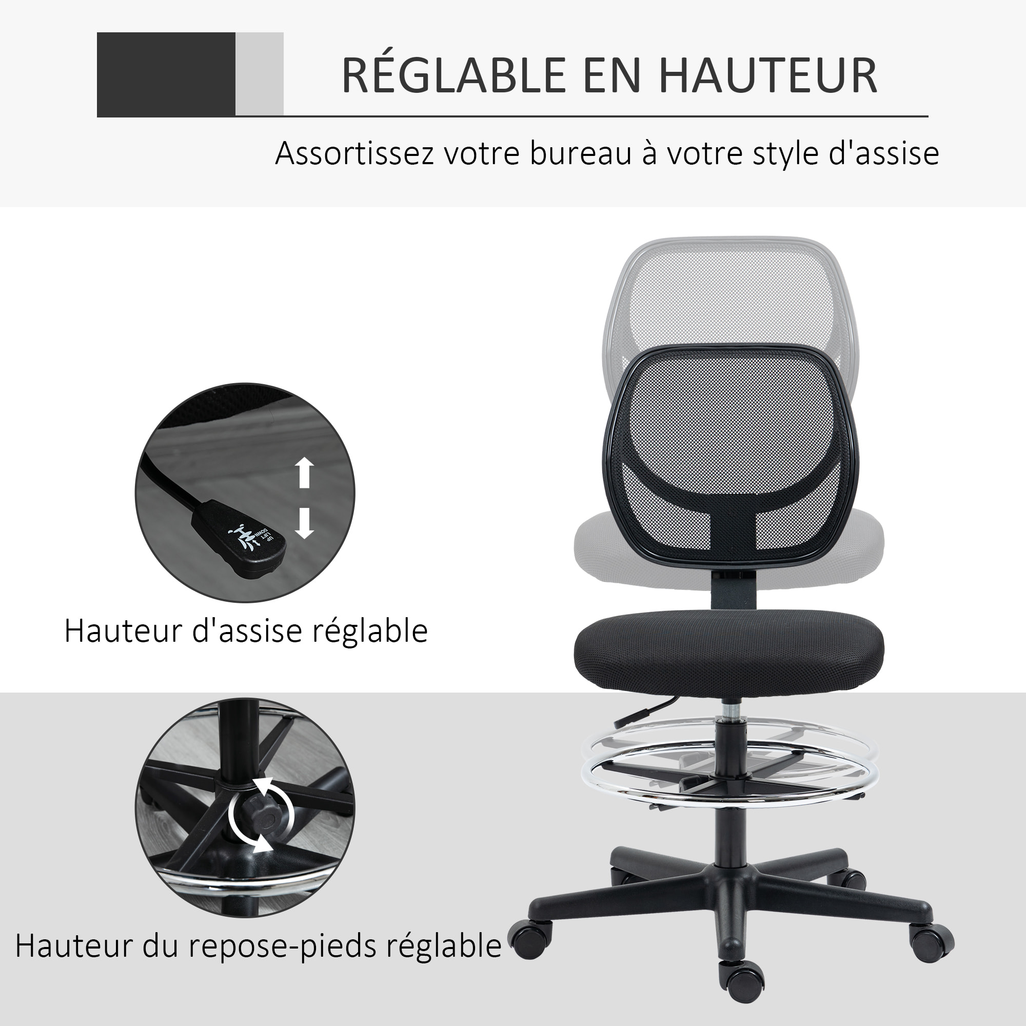 Chaise de bureau assise haute réglable dim. 59L x 61l x 93-113H cm pivotant 360° tissu maille respirante noir