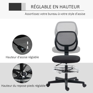 Chaise de bureau assise haute réglable dim. 59L x 61l x 93-113H cm pivotant 360° tissu maille respirante noir