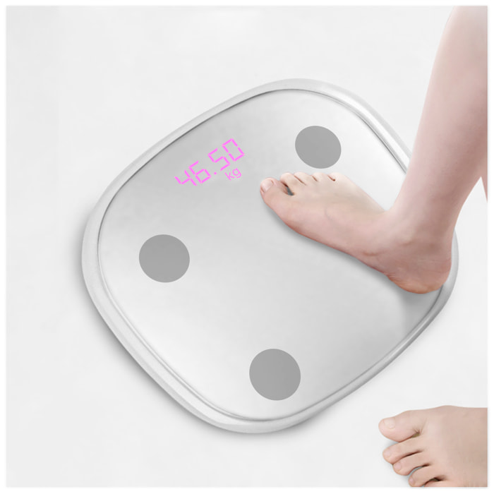 Báscula inteligente Bluetooth con termómetro. Aplicación con análisis corporal. Batería recargable.