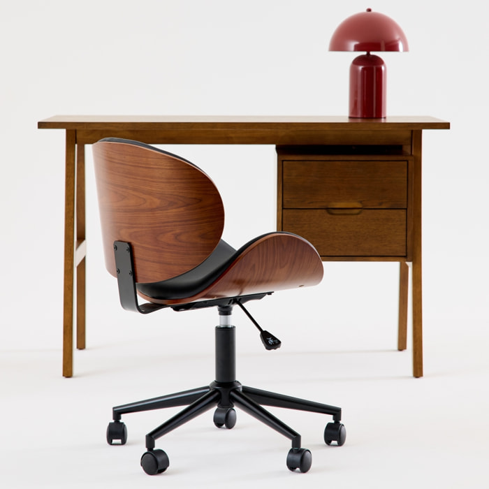 Chaise de bureau à roulettes décor bois courbé et simili cuir DWIGHT