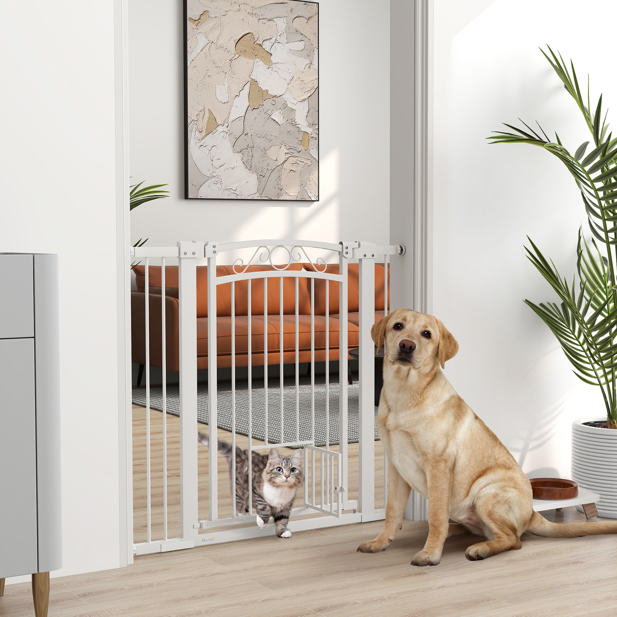 Barrera para Perros Puerta para Perros con Ancho Ajustable 76-104 cm Barrera de Seguridad para Perros con 2 Extensiones Doble Bloqueo y Puerta Pequeña para Escaleras y Puertas Blanco