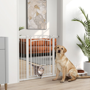 Barrera para Perros Puerta para Perros con Ancho Ajustable 76-104 cm Barrera de Seguridad para Perros con 2 Extensiones Doble Bloqueo y Puerta Pequeña para Escaleras y Puertas Blanco