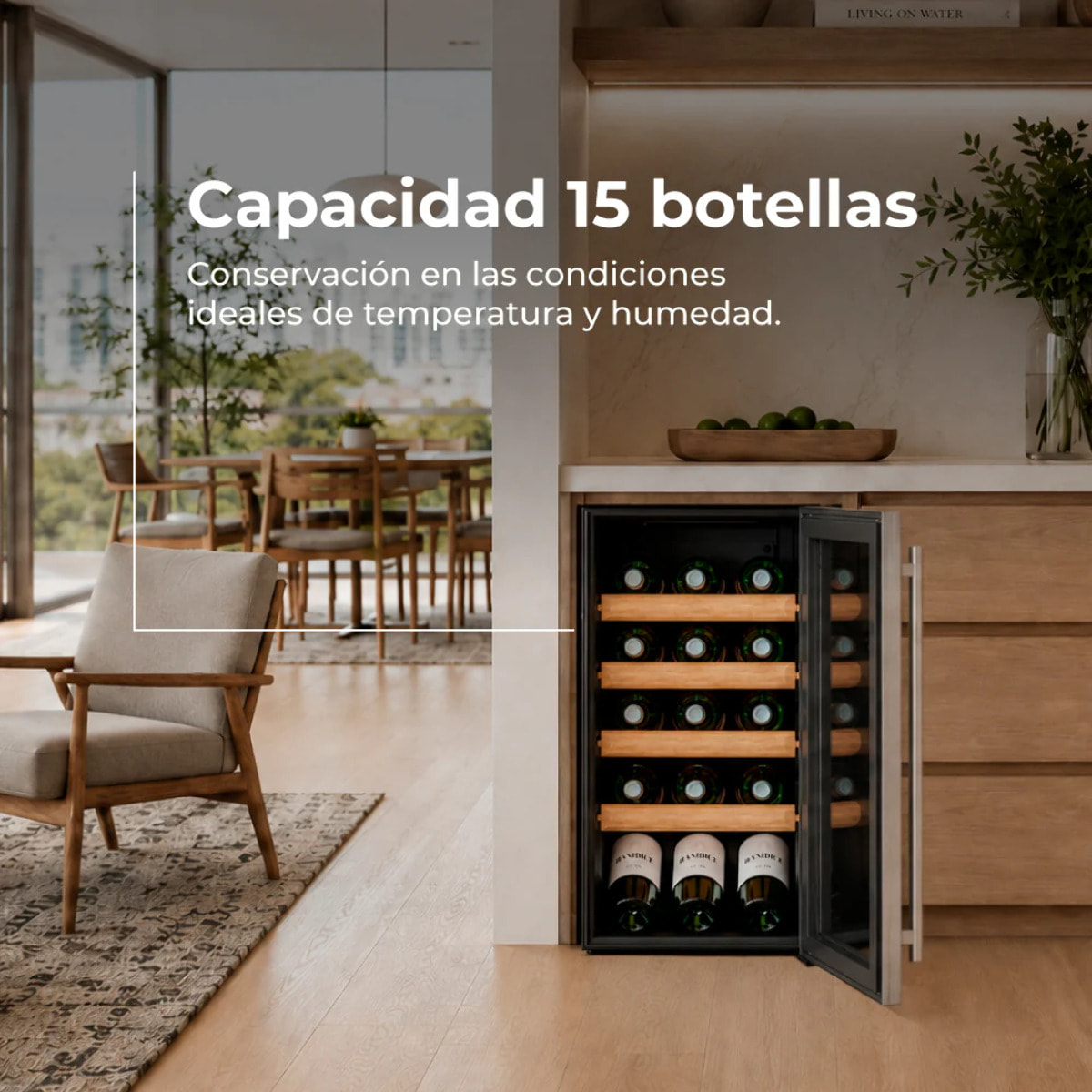EVVO Vinoteca para 15 botellas VT15 Inox, compresor de alto rendimiento, 5–18ºC regulable, silenciosa 41 dB, panel táctil, luz LED interior