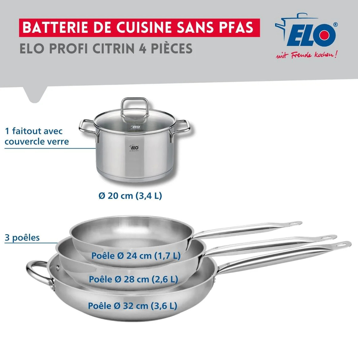 Ensemble de 3 Poêles de cuisson 24, 28 et 32 cm et 1 faitout 20 cm Elo Profi Citrin