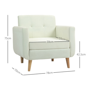 Sillón de Salón Moderno Butaca para Dormitorio con Reposabrazos y Patas de Madera Sofá Individual Carga 125 kg para Oficina Sala de Estar Crema