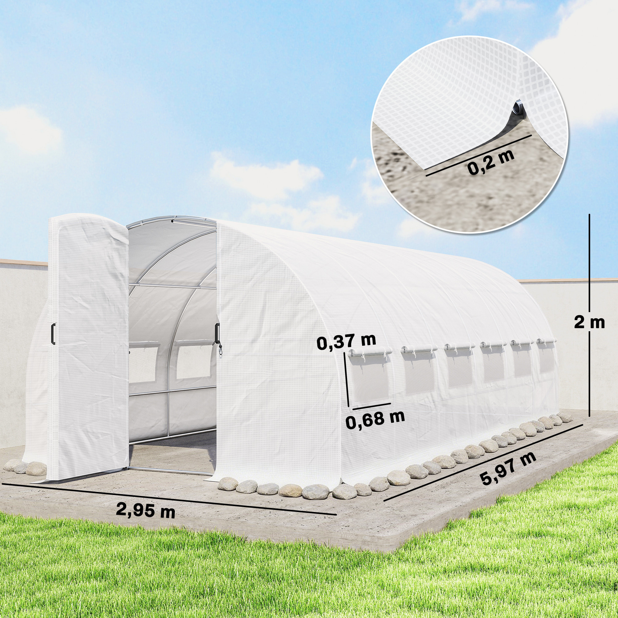 Serre tunnel de jardin 18 m² porte 12 fenêtres enroulables acier PE blanc